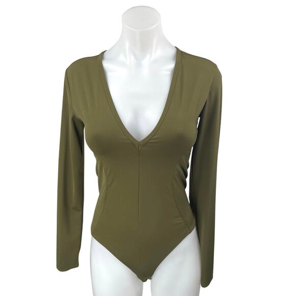 Free People Intimately Women Green Long Sleeve Deep V Thong Bodysuit Top Size S - Picture 1 of 5